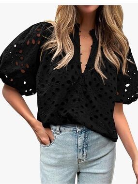 Black Eyelet V-Neck Puff Sleeve Blouse